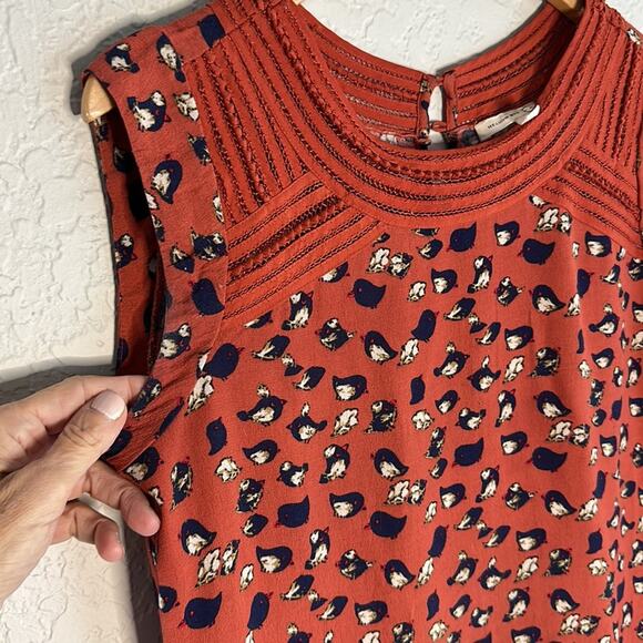 Meadow Rue Anthropologie Rust Orange Bird Top Crochet Rayon Indie Boho Fall XS - Picture 4 of 6